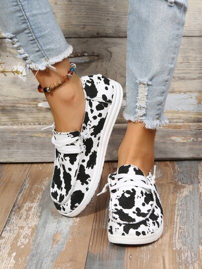 Cow Print Lace-up Front Canvas Flats | SHEIN