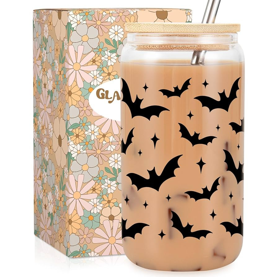 Fairy's Gift Halloween Bats Cup, Halloween Spooky Gifts, Bat Lovers Gothic Glass Cup, Cute 16 oz ... | Amazon (US)