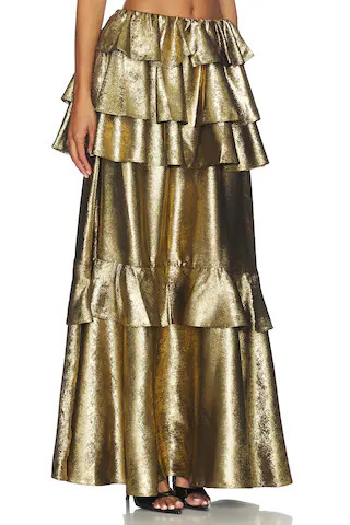 AKNVAS Vilhelmine Gold Tiered Skirt in Metallic Gold from Revolve.com | Revolve Clothing (Global)