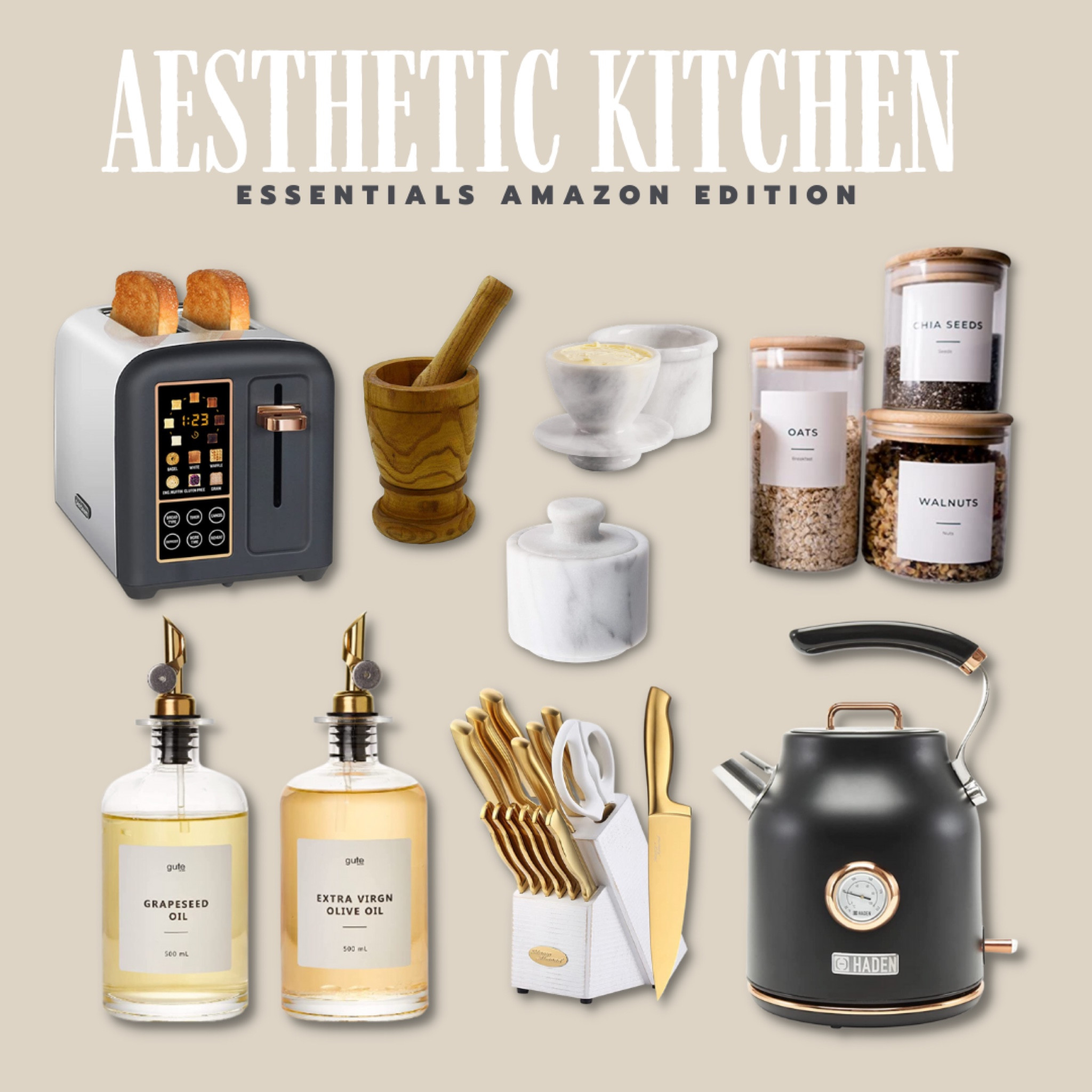 Amazon kitchen Kitchen essentials, kitchen decor, oil dispenser, riser, salt & pepper, brass, storage, and glass containers.