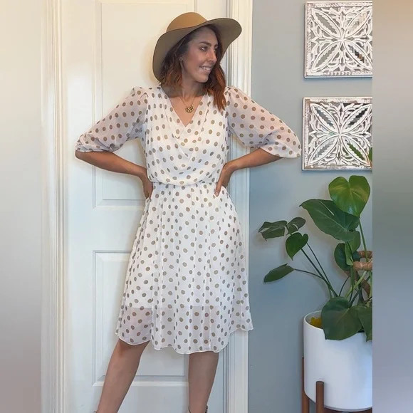 Cute Polka Dot Midi Dress in White and Light Brown/Tan Size 6 | Poshmark