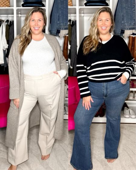 New fall plus size pieces from Abercrombie! Look 1 (left): These trousers from Abercrombie are AMAZING. I got them in a size 36 curve love, so if you’re shaped like me and carry most of your thickness in your belly I’d suggest sizing up and going with curve love. They are not see through and they’re beautiful and chic. I added this essential long sleeve tee XL ITS THE perfect base layer or good on its own! Soft and stretchy. This duster has limited availability but if you’re able to get your hands on it, it’s incredible! I have it in the XXXL but could have done the XXL. Look 2 (right): Absolutely love these jeans from Abercrombie, they have a ton of stretch and fit me just right! I suggest sizing up one. I am in the 35 regular. I have the essential long sleeve tee underneath and this gorgeous black and white striped vneck sweater that fits incredibly well, and it’s lightweight with stretch! I have it in the XXL, I could have done the Xl.

#LTKplussize #LTKmidsize #LTKSale