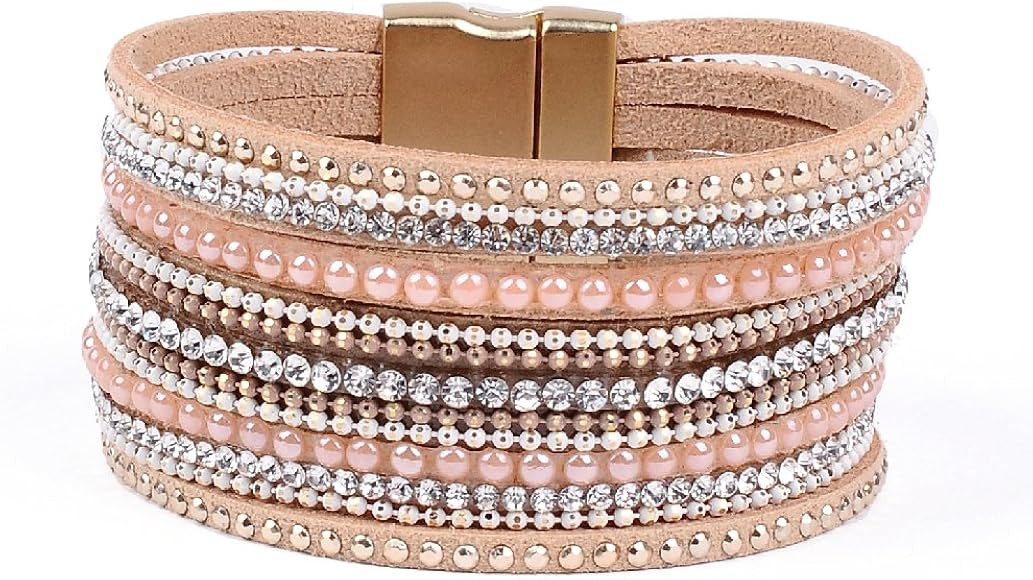 Artilady Leather Wrap Bracelet for Women - Handmade Clasp Bangle Bracelet with Pearl Druzy Crystal W | Amazon (US)
