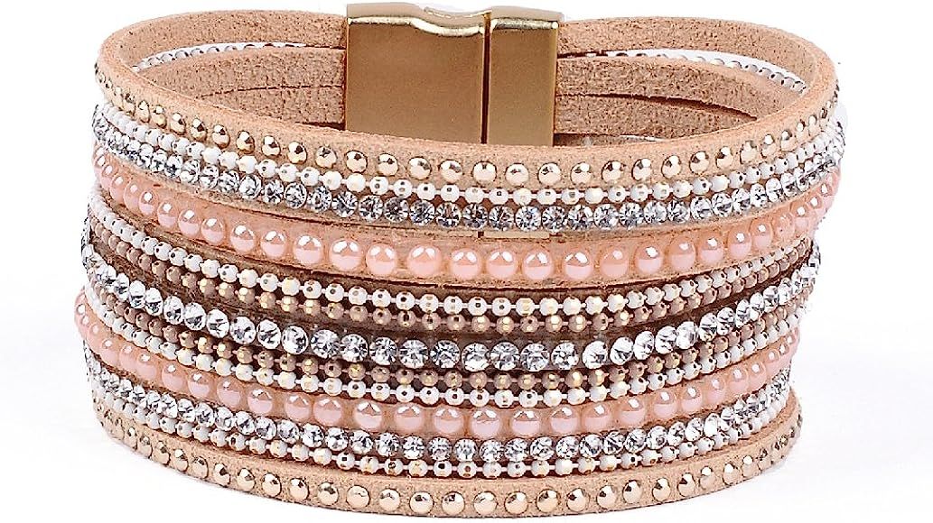 Artilady Leather Wrap Bracelet for Women - Handmade Clasp Bangle Bracelet with Pearl Druzy Crystal W | Amazon (US)