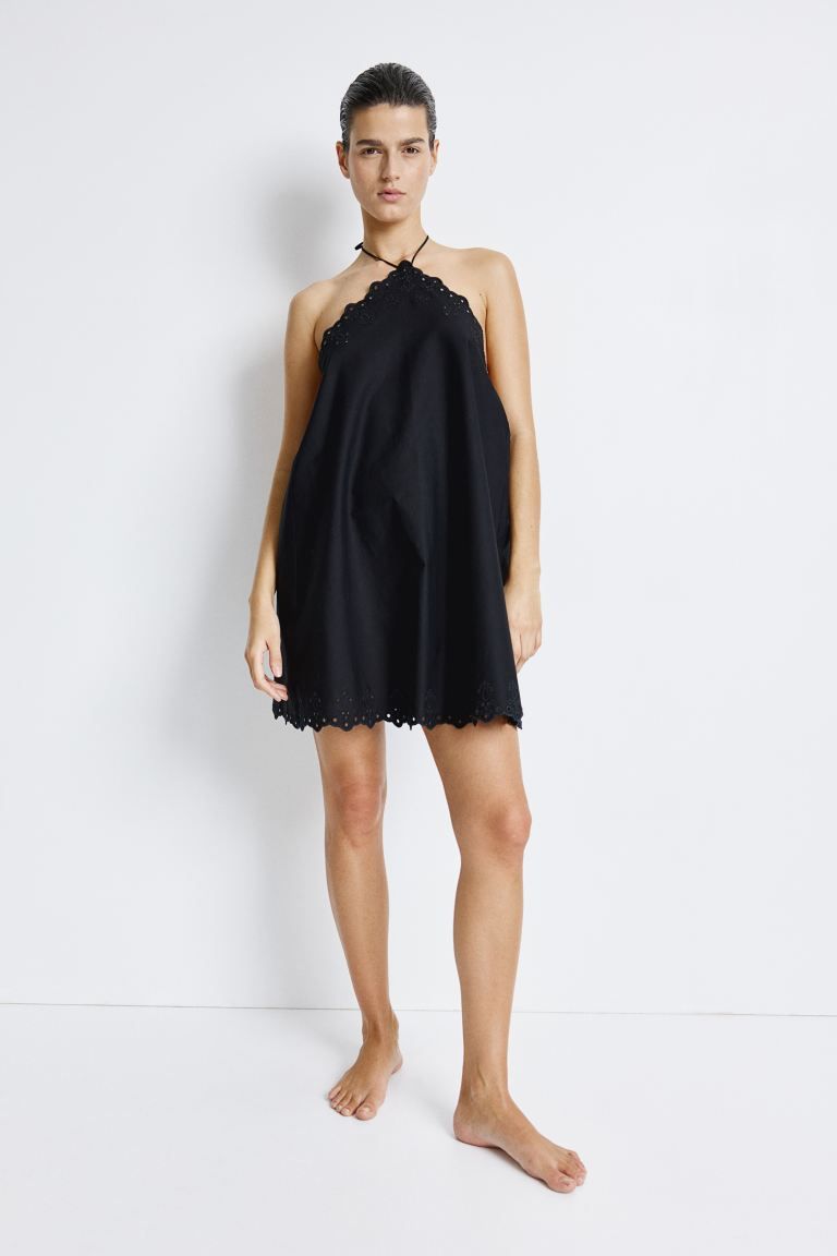 Beach Dress with Eyelet Embroidery - Halterneck - Sleeveless - Black - Ladies | H&M US | H&M (US + CA)