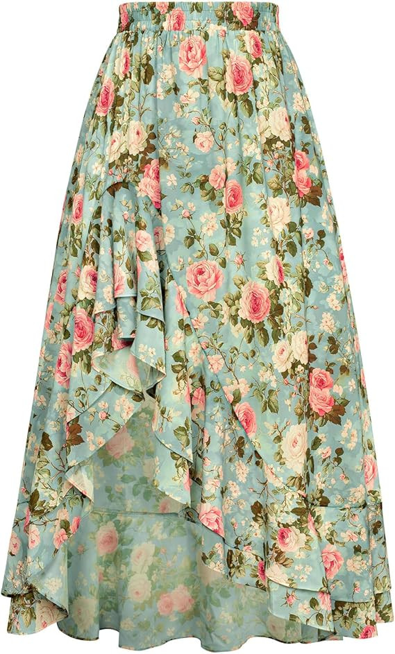 Scarlet Darkness Women's Renaissance Skirt Floral Print High Waist Ruffle Boho Maxi Skirts | Amazon (US)