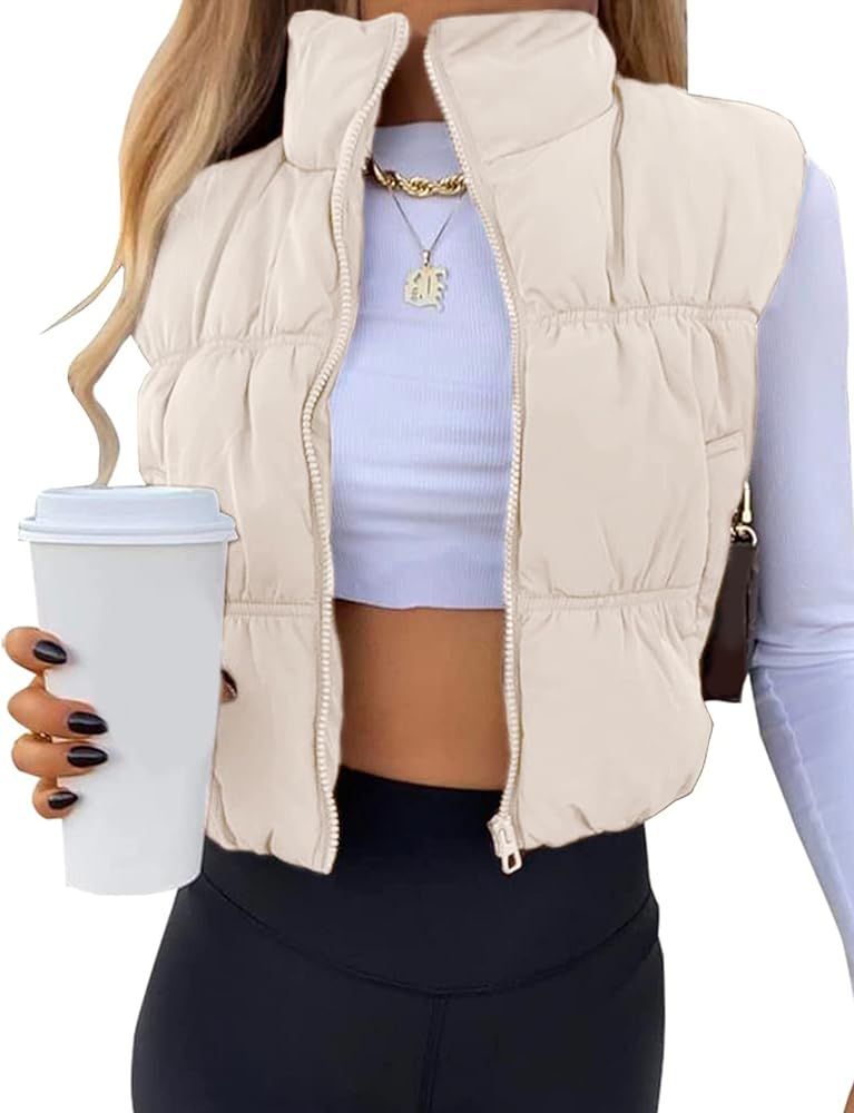 UANEO Womens Cropped Puffer Vest Zip Up Stand Collar Sleeveless Padded Cropped Vest | Amazon (US)