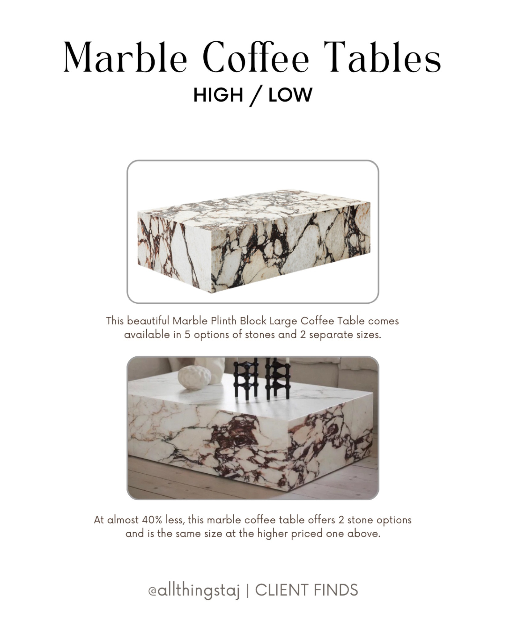 Statement Stones are everything right now and these coffee tables are talking pieces 🤩 
TOP:
This beautiful Marble Plinth Block Large Coffee Table comes available in 5 options of stones and 2 separate sizes.
BOTTOM:
At almost 40% less, this marble coffee table offers 2 stone options and is the same size at the higher priced one above.
🤗 check them out!

#LTKHome #LTKStyleTip #LTKSaleAlert