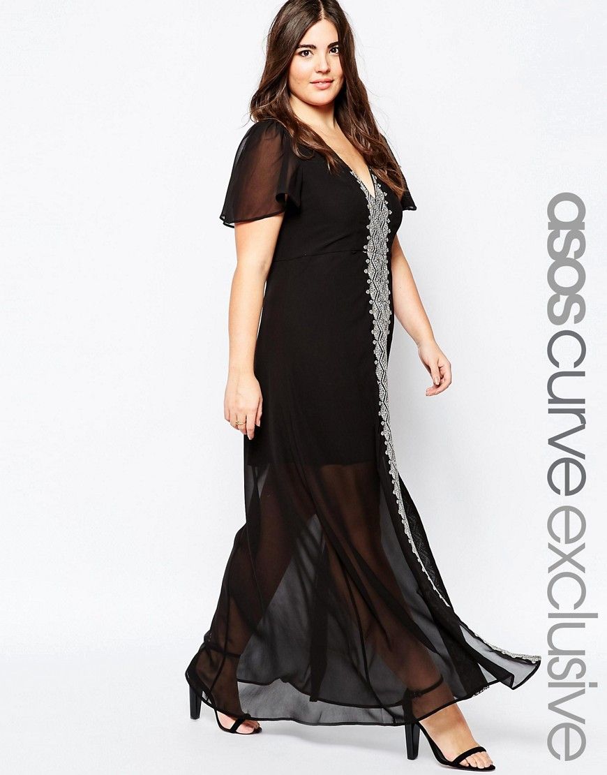 ASOS CURVE Premium Maxi Dress With Graphic Embroidery - Black | Asos EE