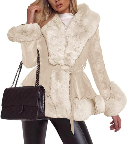Aurgelmir Women's Faux Leather Jacket Coat Short/Long Parka Coat with Fur Collar Outwear | Amazon (US)