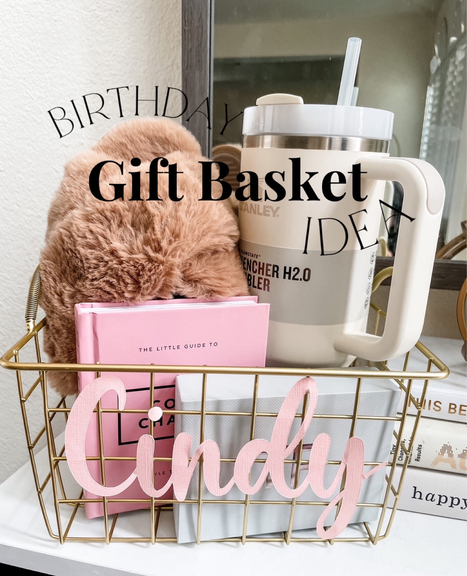 Easy & cute birthday basket idea🩷 •Cute Basket  •Slippers •Tumbler  •lipstick kit/ Makeup  • book/decorative book  You can also  customize it, I used my Cricut maker to make the name and used double sided tape to tape it on the basket. You could also use a ribbon and hang the name, that would be cute as well! 🥰 
|self care basket, gifts, gift basket, birthday gifts for her 

#LTKGiftGuide #LTKstyletip #LTKparties