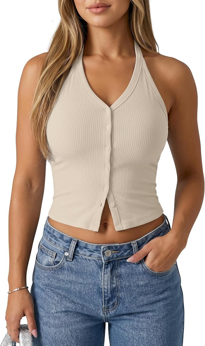 G4Free Ribbed Halter Crop Tank Tops Backless Going Out Camisoles Open Back Y2K Slim Fit Cropped C... | Amazon (US)