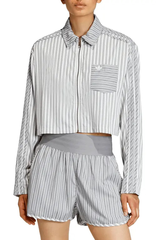 adidas Originals Stripe Crop Zip-Up Shirt in Grey Three/Utility Black at Nordstrom, Size Large | Nordstrom
