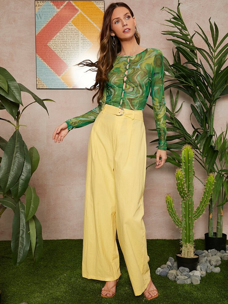 SHEIN Allover Print Button Front Mesh Top | SHEIN