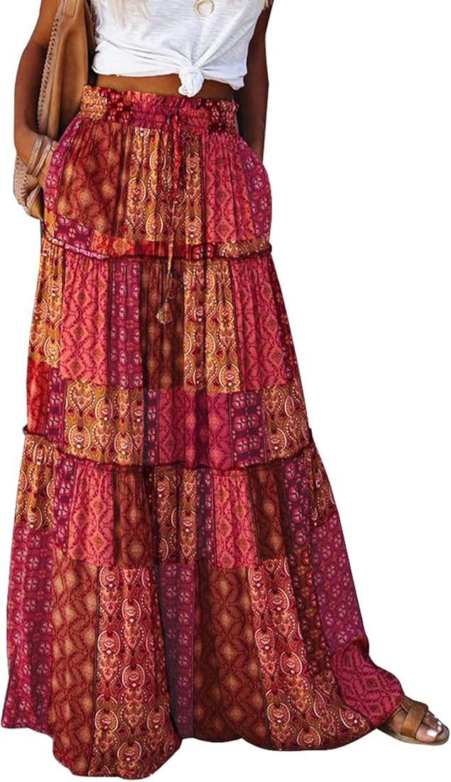 Byoauo Women Maxi Skirt Boho Elastic Waist A-Line Pleated Swing Long Skirt with Pockets | Amazon (CA)