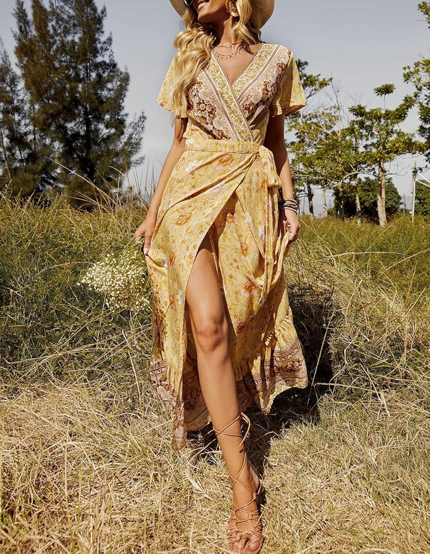 ZESICA Women's 2023 Bohemian Floral Printed Wrap V Neck Short Sleeve Split Beach Party Maxi Dress | Amazon (US)