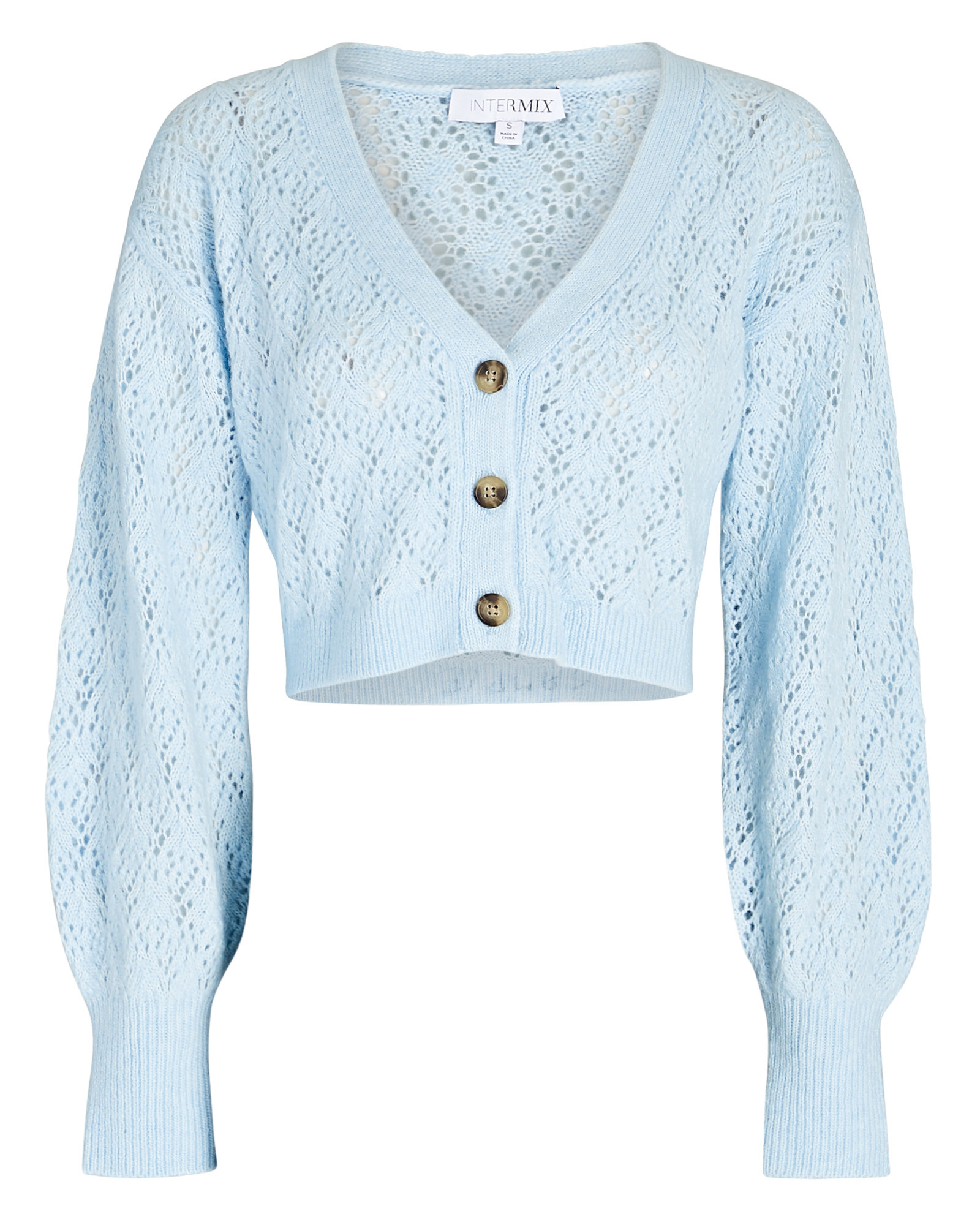 INTERMIX Brea Cropped Pointelle-Knit Cardigan, Blue-Lt S | INTERMIX