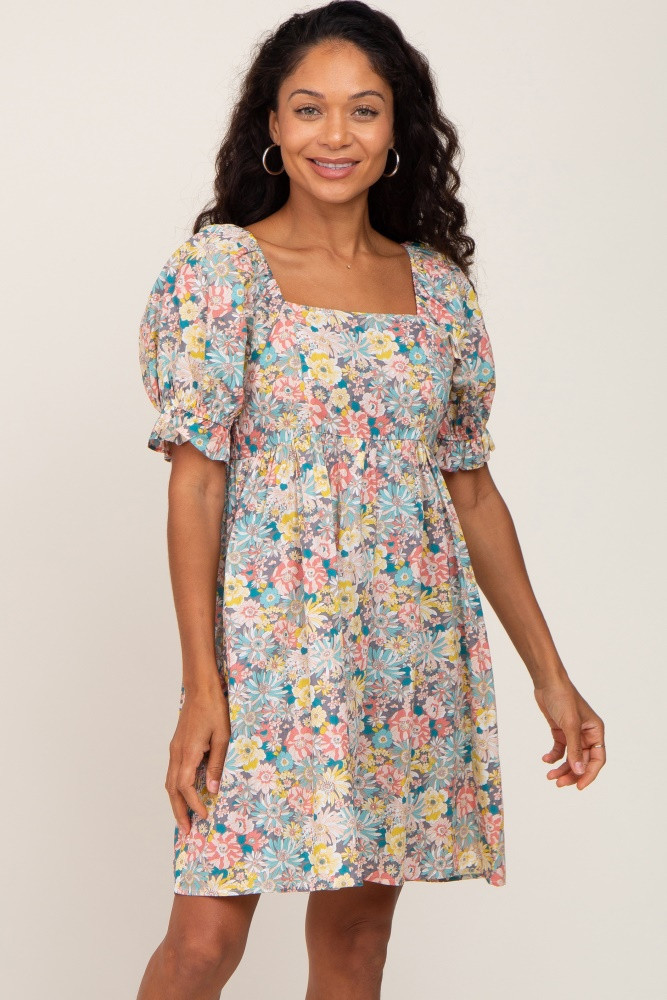 Yellow Floral Square Neck Short Puff Sleeve Dress | PinkBlush Maternity