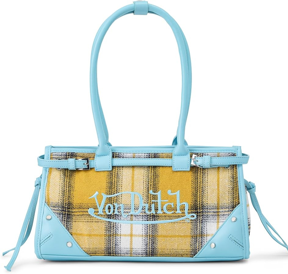 Von Dutch Lane Shoulder Bag | 12.75” Two-Tone Vegan Leather & Denim Handbag with Logo Detail, L... | Amazon (US)