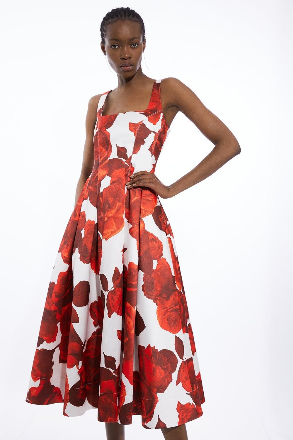 Rose Floral Twill Prom Dress | Karen Millen UK + IE + DE + NL