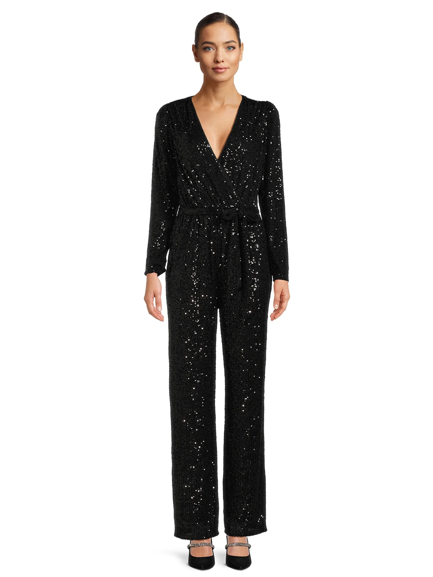 BCBG Paris Women's Sequined Surplice Jumpsuit with Belt | Walmart (US)