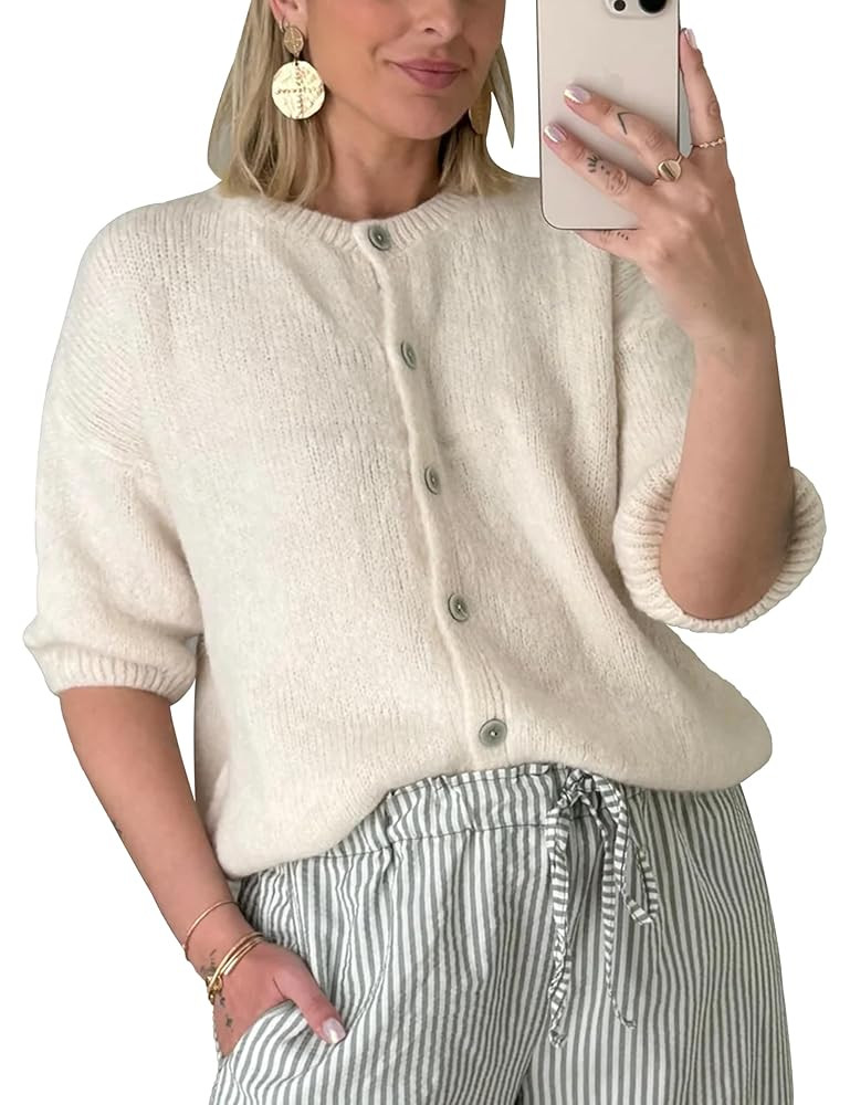 Womens Knit Cardigan Short Sleeve Button Down Sweater Solid Color Loose Front Knit | Amazon (US)