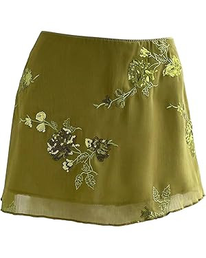 Floerns Women's Floral Embroidery Mini Skirt Low Waist Mesh Summer Skirts | Amazon (US)