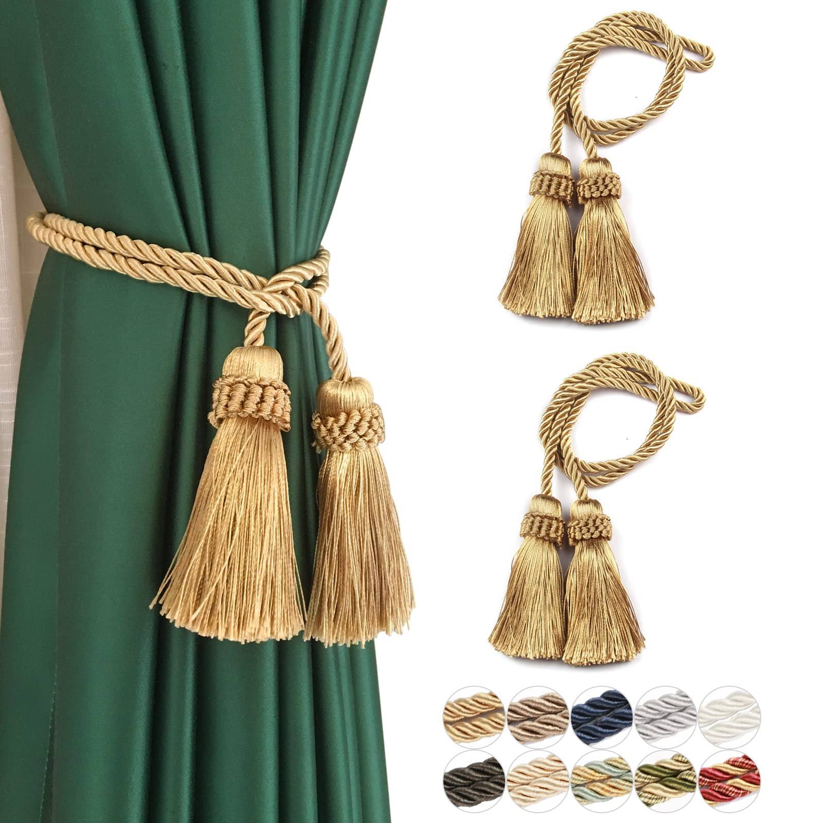 Fenghuangwu Curtain Tiebacks Handmade Decorative Curtain Holdbacks Rope with Tassel (Gold, 2P) | Amazon (US)