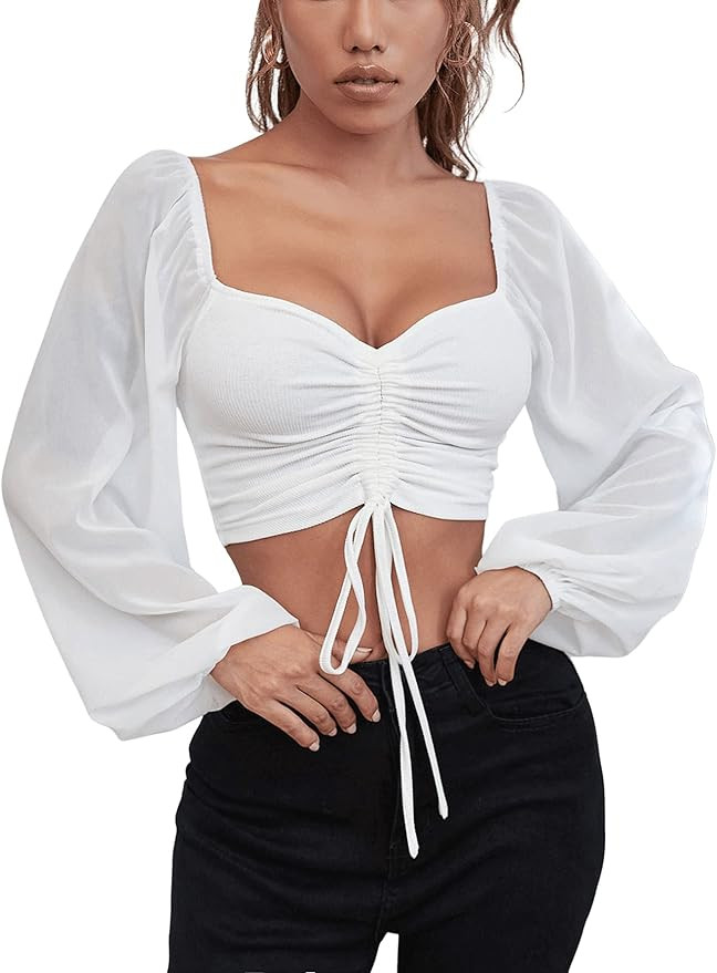 Verdusa Women's Sweetheart Neck Drawstring Ruched Lantern Sleeve Crop Top Blouse | Amazon (US)