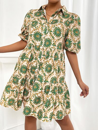 All Over Print Puff Sleeve Ruffle Hem Smock Dress | SHEIN