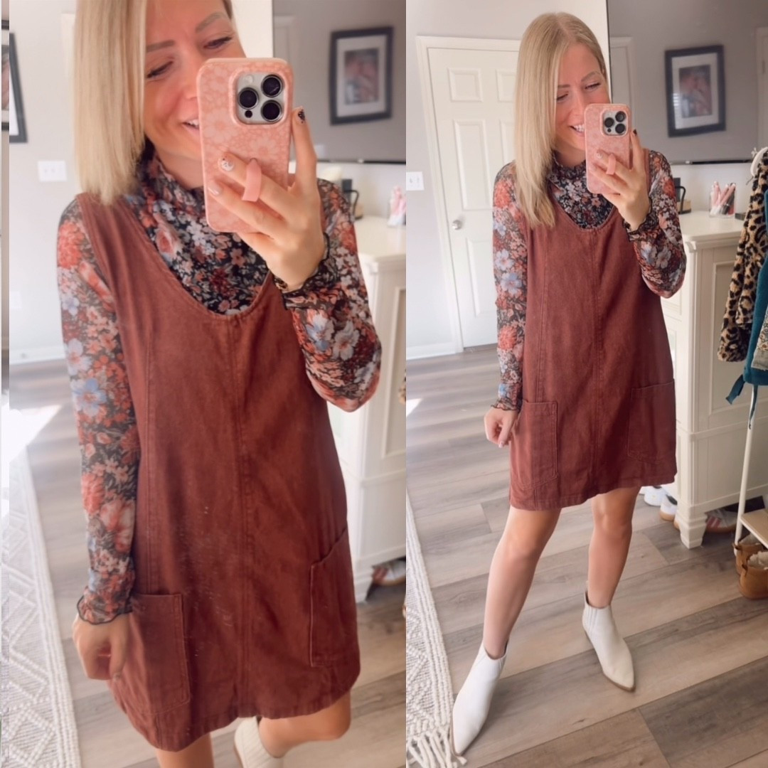 One of my favorite pairings! Low back jumper with sheer sleeve floral top 

Size small 