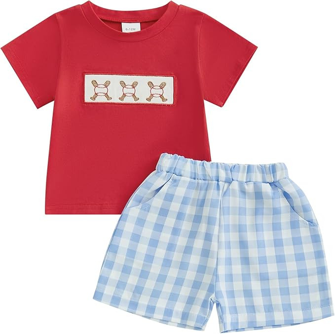 Toddler Baby Boys Baseball Outfits Embroidery Short Sleeve T Shirts and Plaid Shorts Set 2Pcs Sum... | Amazon (US)