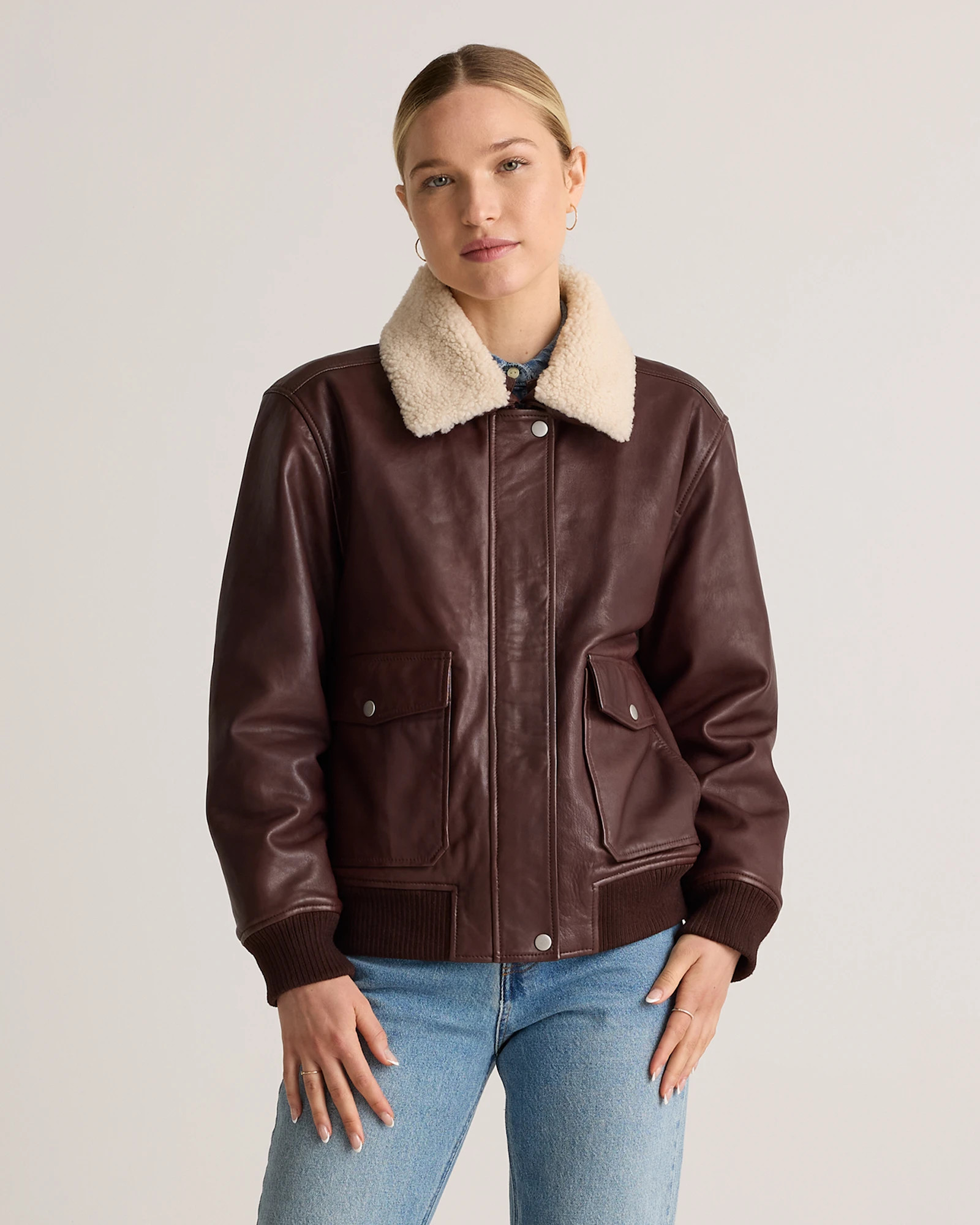 100% Leather Shearling Trim Aviator Jacket | Quince