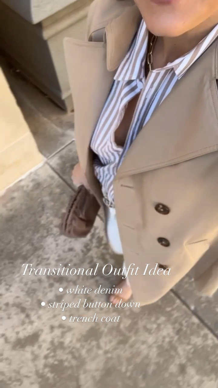 Transitional outfit idea 

Trench coat 
White jeans 
Stripe shirt 

#LTKFind #LTKstyletip #LTKworkwear