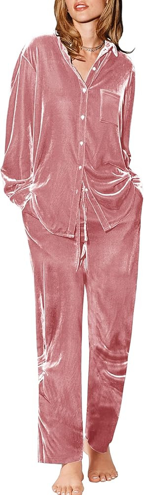 Ekouaer Womens Velvet Pajamas Set Long Sleeve Button Up Sleepwear Soft 2 Piece Loungewear Pj Set | Amazon (US)