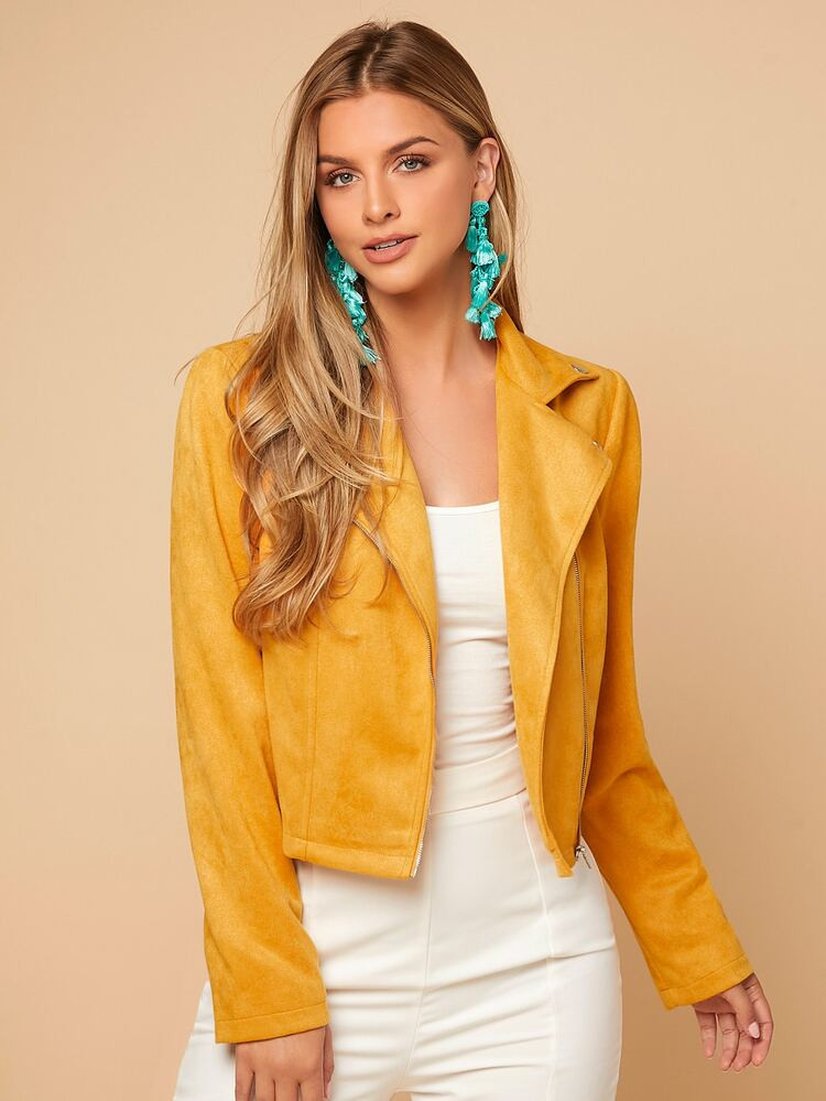 SHEIN Lapel Neck Zip Up Faux Suede Jacket | SHEIN
