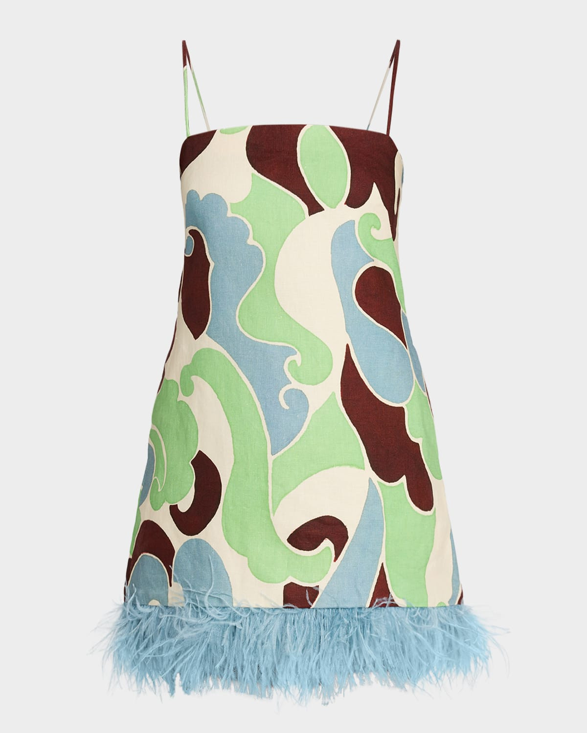 Valencia Printed Feather-Trim Mini Dress | Neiman Marcus