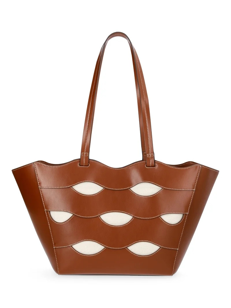Free Assembly Women's Allegra Faux Leather Cut Out Tote Handbag, Cognac/Cream | Walmart (US)