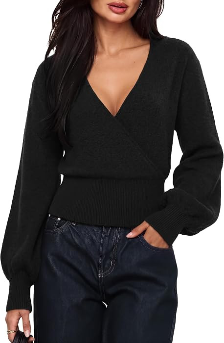 SUUKSESS Women Wool V Neck Wrap Sweater Cinched Waist Long Sleeve Tops | Amazon (US)