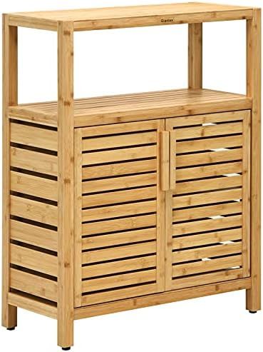 Tangkula Bathroom Floor Cabinet, Bamboo Storage Cabinet w/Open Shelf & Double Doors, Adjustable S... | Amazon (US)