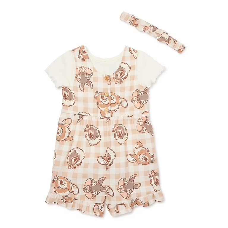 Bambi Baby Girl Shortall and Tee Outfit Set with Headband, Sizes 0/3M-24M - Walmart.com | Walmart (US)