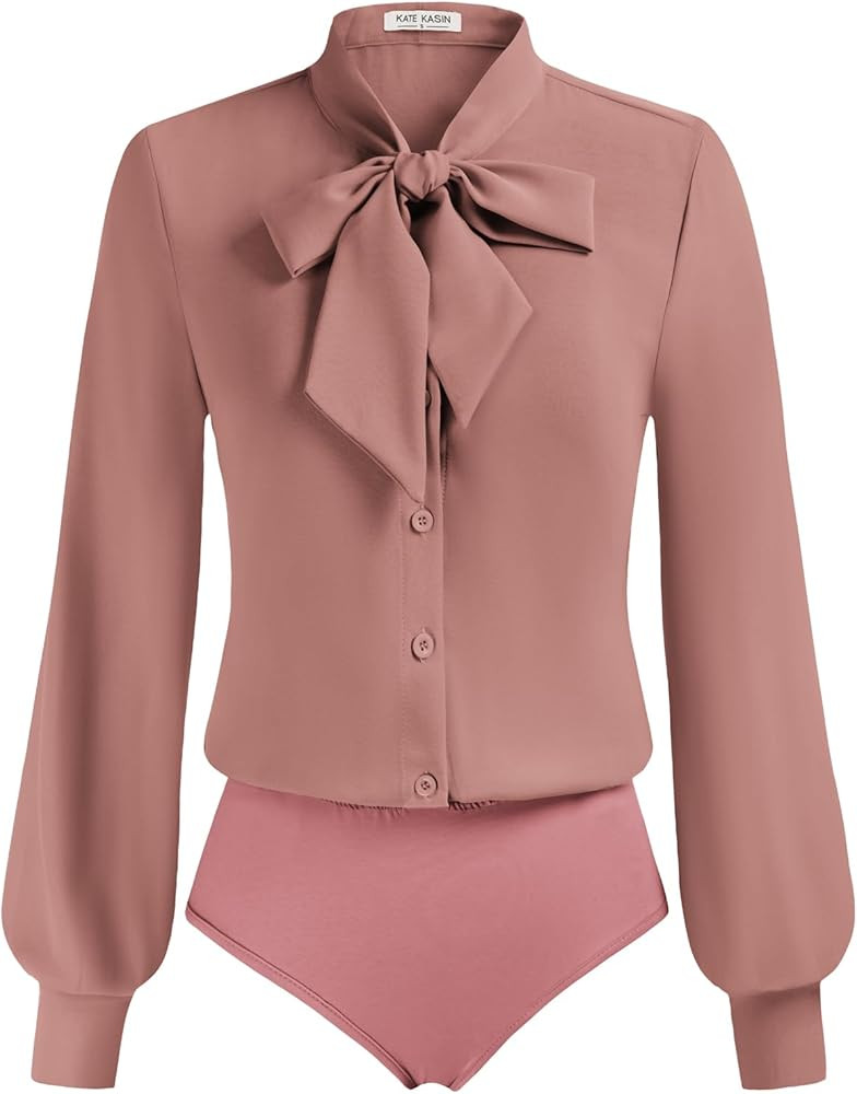 Kate Kasin Women Bow Tie Neck Office Blouse Button Down Long Sleeve Bodysuits Blouse Top | Amazon (US)