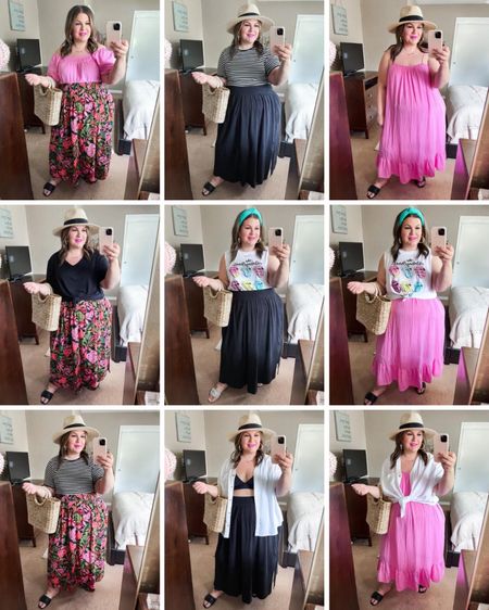Plus size Walmart vacation outfits! Put together a mini capsule with two plus size maxi skirts and a comfy dress to get 9 outfits that are all affordable! 
Skirts - 2X (run generous)
Pink dress - XXXL (no stretch but adjustable straps)
Pink off shoulder top - XXXL
Black tee sold out, linked similar 
Striped tee - XXXL, runs TTS
Rolling Stones tee - XXXL, runs TTS
Ivory camp shirt - 3X 
Black bikini top - XL

#LTKcurves #LTKSeasonal #LTKtravel