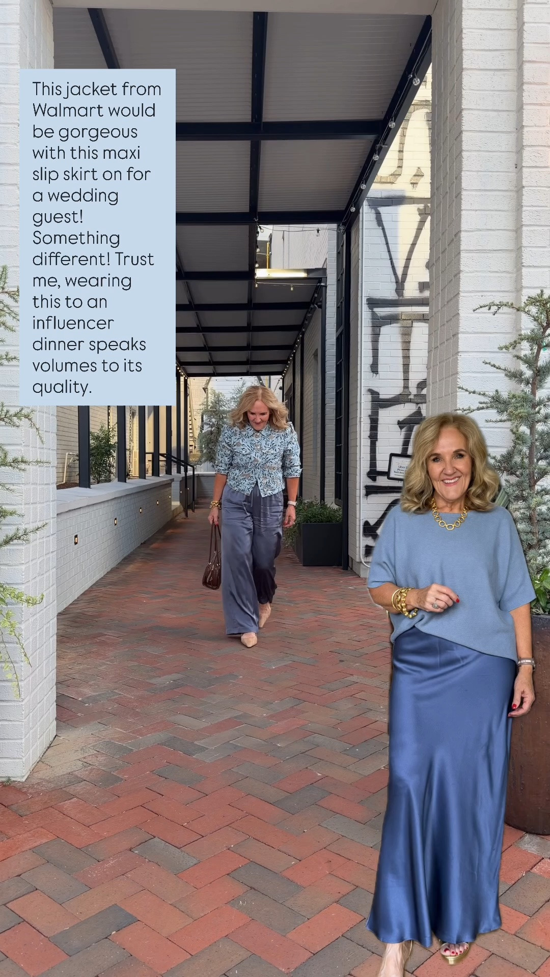 Styling this Walmart jacket wearing a size medium. The satin pants are filled out in this color, but you could also wear the lodge pant in the crêpe at that is in stock. The color is vintage navy and I wear a medium short or get a medium and have them hemmed.
The quince slip skirt would also be a really pretty option with this jacket, either in navy or the lighter blue.

#LTKOver40 #LTKWedding #LTKWorkwear