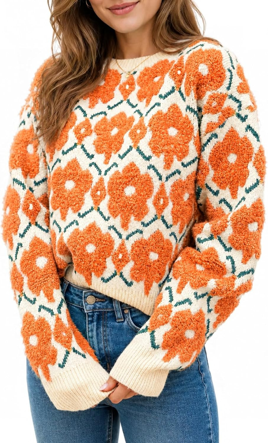 Saodimallsu Womens Floral Sweater Crewneck Long Sleeve Oversized Knit Casual Cute Fall Winter Pullover Sweaters | Amazon (US)