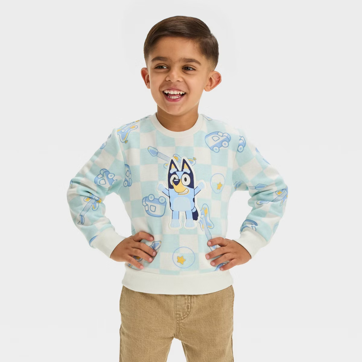 Toddler Boys' Bluey Faux Shearling Applique Patch Checkered Fleece Pullover - Blue | Target