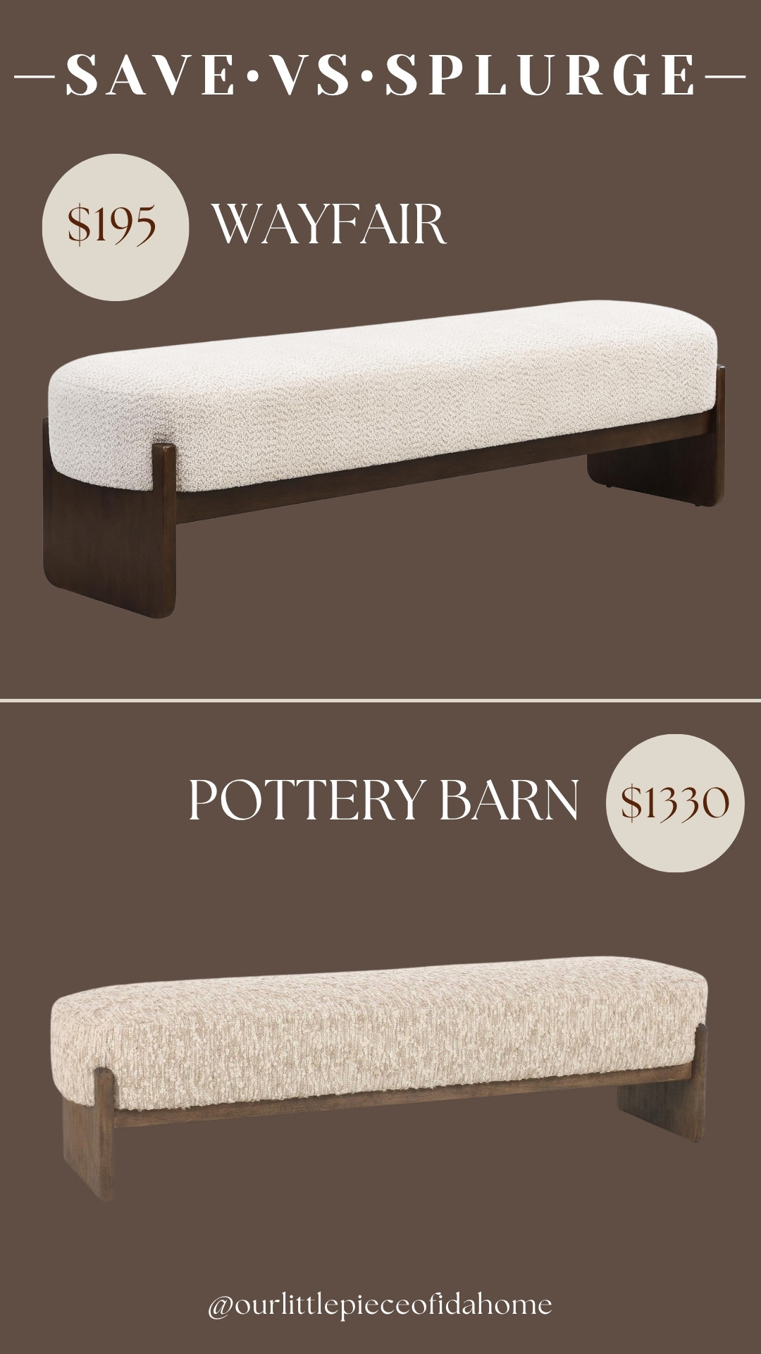 I’m linking both benches because they create the same warm, designer-inspired look, but at very different price points. The curved silhouette, rich wood tone, and textured upholstery make this one of my favorite high-end looks for an entryway, bedroom, or the end of a bed.

I always love finding pieces that deliver the same feel for less. Shop both options and decide which one fits your space and budget best.
@Wayfair 
@Pottery Barn

#LTKU #LTKHome #LTKSaleAlert