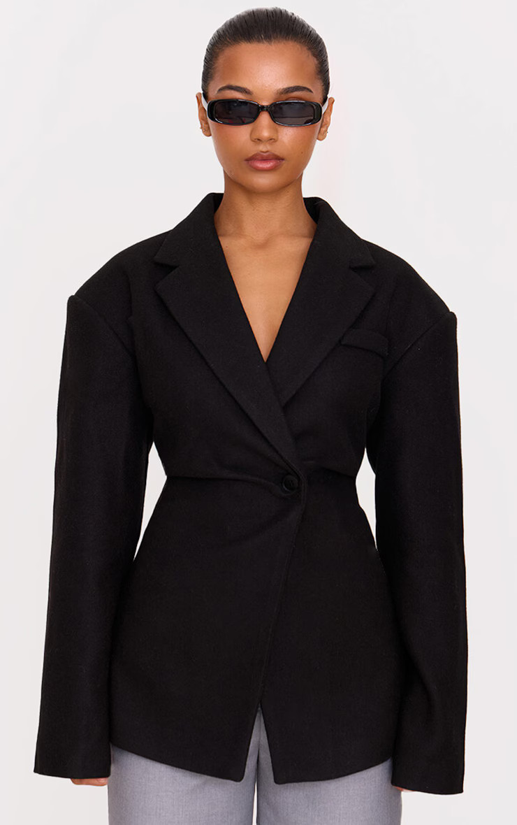 Black Wool Look Cinched Blazer | PrettyLittleThing UK