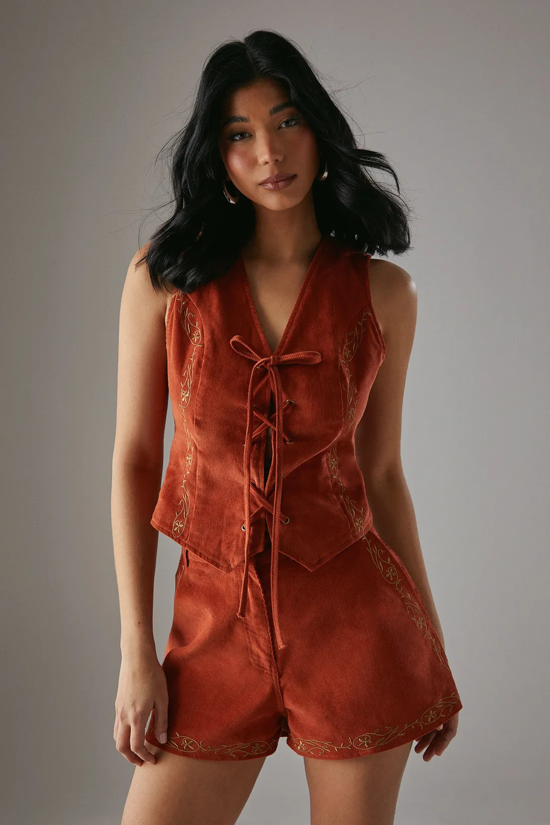 Tops | HCD Cord Embroidered Lace Up Waistcoat | Warehouse | Debenhams UK