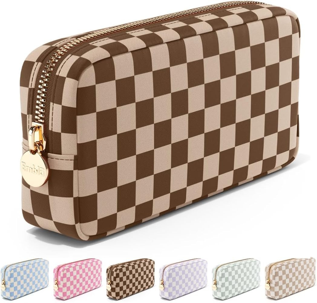 Makeup Bag Travel Cosmetics Pouch Toiletry Bag Nylon Small Chocolate Sand Checkered for Women Gir... | Amazon (US)